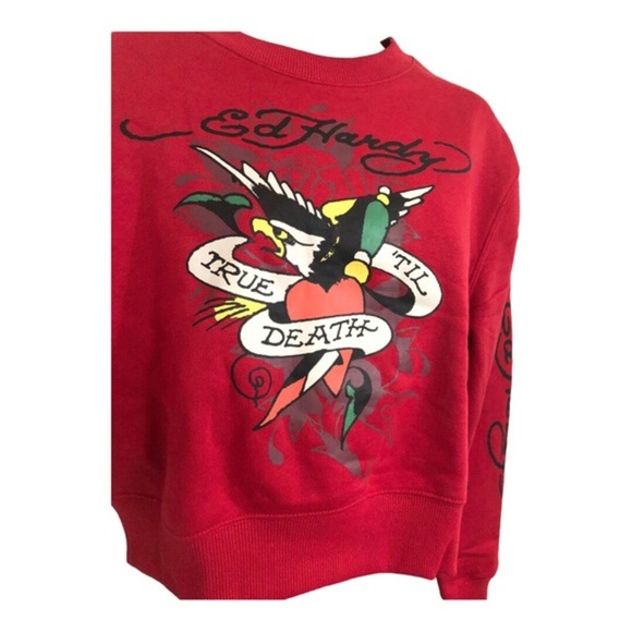Ed Hardy red graphic print ‘true till death’ Don Ed Hardy printed sweatshirt - Picture 6 of 12